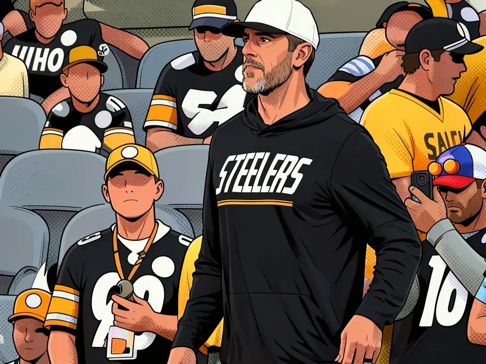 Аарон Роджерс в чёрной толстовке Steelers на трибуне среди болельщиков команды