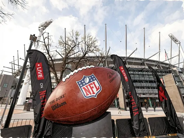 Большой американский футбольный мяч с логотипом NFL на подставке перед стадионом