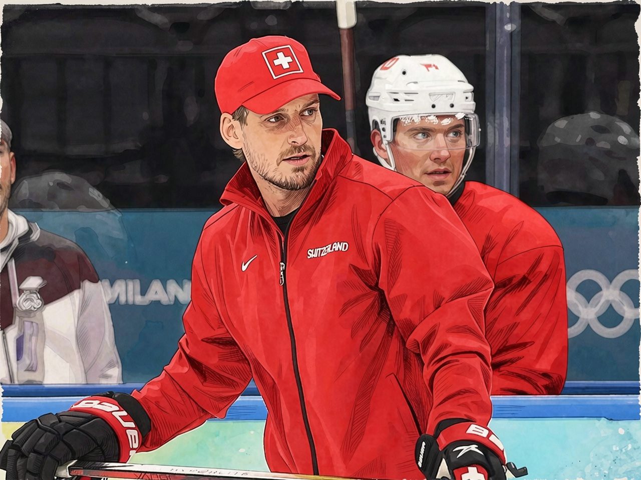 A coach in a red jacket holding a hockey stick at the rink boards