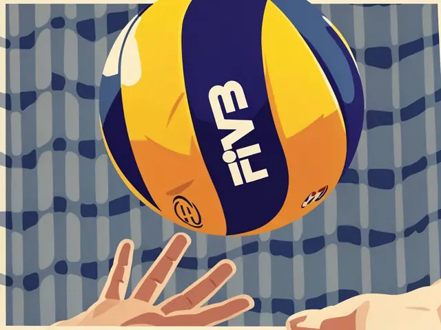 Волейбольный мяч FIVB в полёте над руками игрока на фоне синей сетки