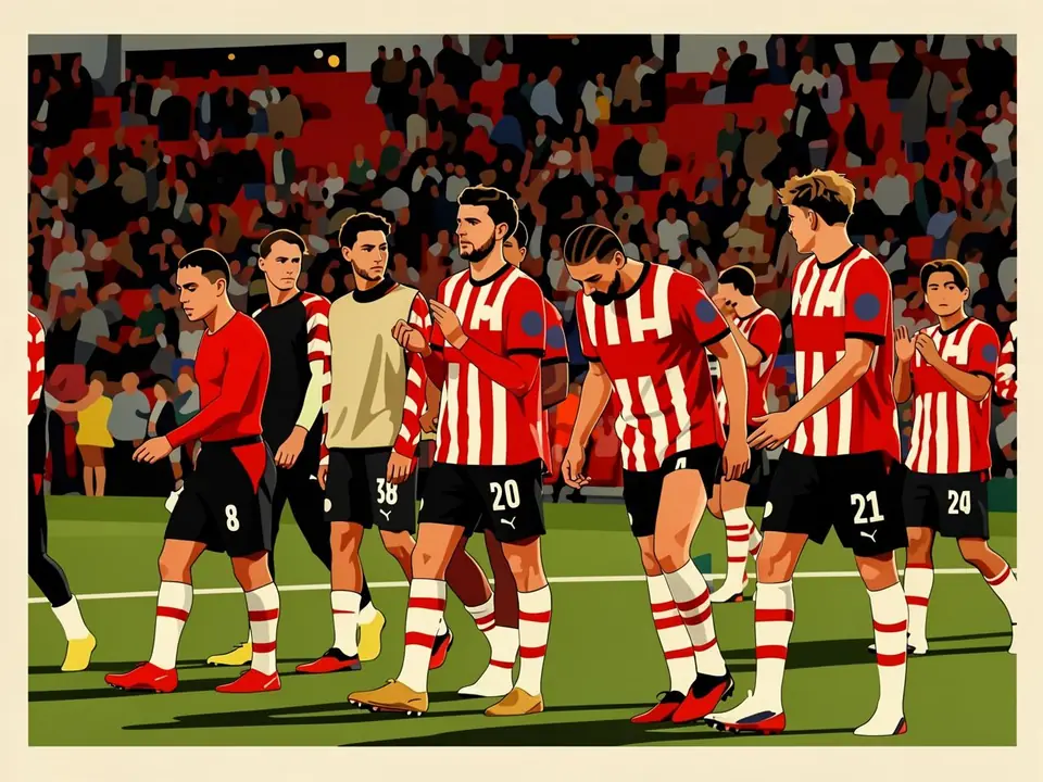 Players in red and white striped shirts and black shorts walk across the pitch after a match