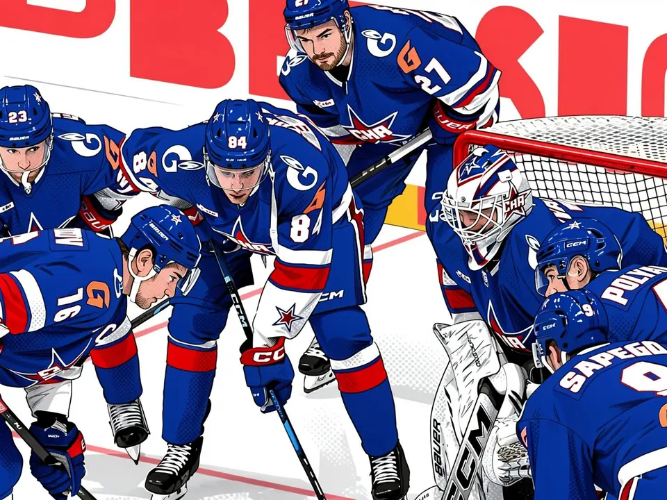 SKA players in blue kits near the goal on ice
