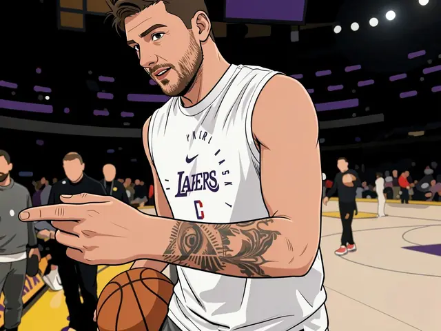 Баскетболист в белой тренировочной форме Lakers держит мяч и указывает рукой.
