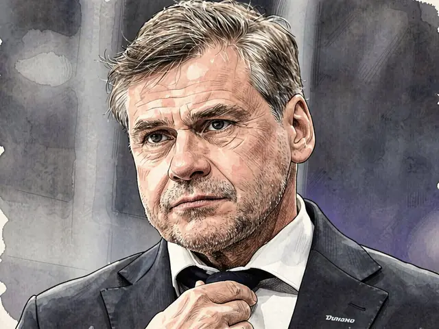 Портрет тренера в темном костюме, поправляющего галстук.