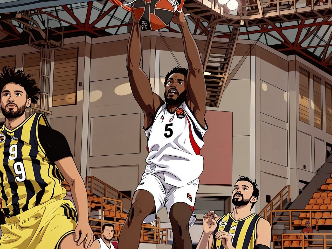 Ein Basketballspieler in Weiss führt einen Dunk aus, verteidigt von Gegnern in Gelb und Schwarz.