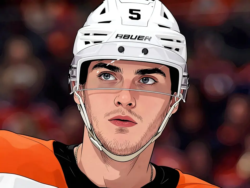 Verteidiger Sergei Zamula in Orangetrikot von Philadelphia mit Nummer 5 auf weißem Helm