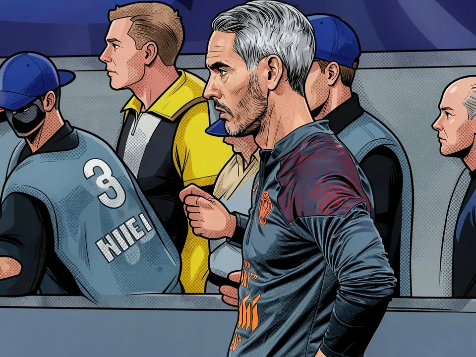 Trainer Carlos Vicens auf der Bank in blauem Trikot mit roten Akzenten, umgeben von Braga-Spielern