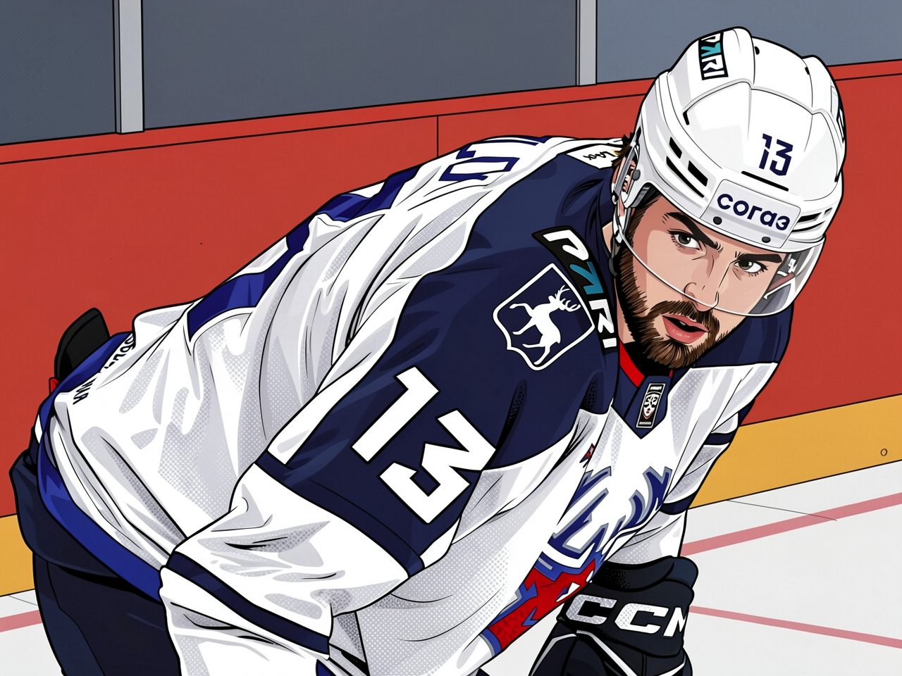 A hockey player in a white jersey with the number 13 leans forward on the ice, looking at the camera.
