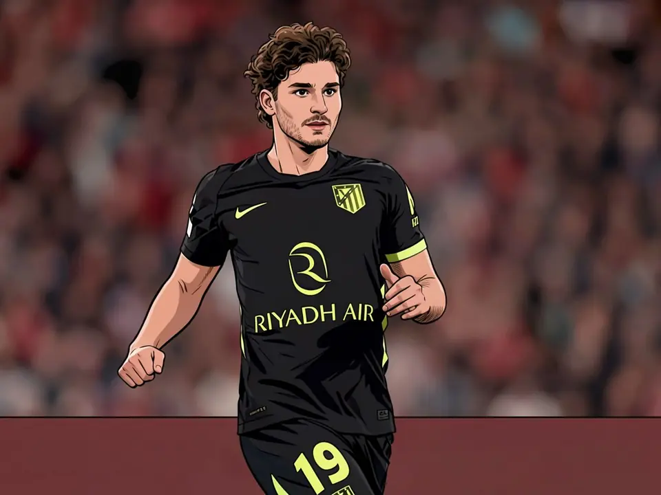 Julian Alvarez in Atletico Madrid's black kit with yellow Riyadh Air logo and number 19 on shorts