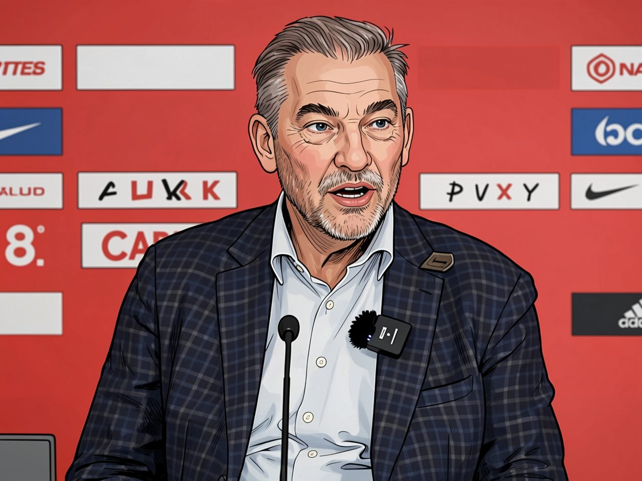 Portrait of an older man in a blue plaid jacket speaking at a press conference against a red backdrop.