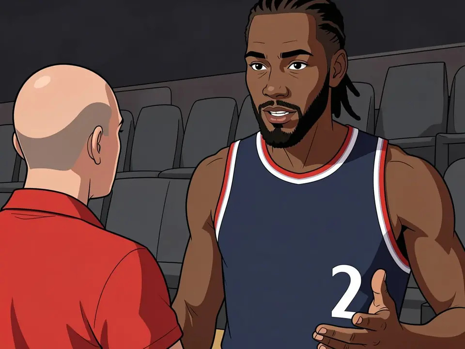 Balmor in a red shirt talks to a Clippers player in a blue jersey with number 2 on the stands