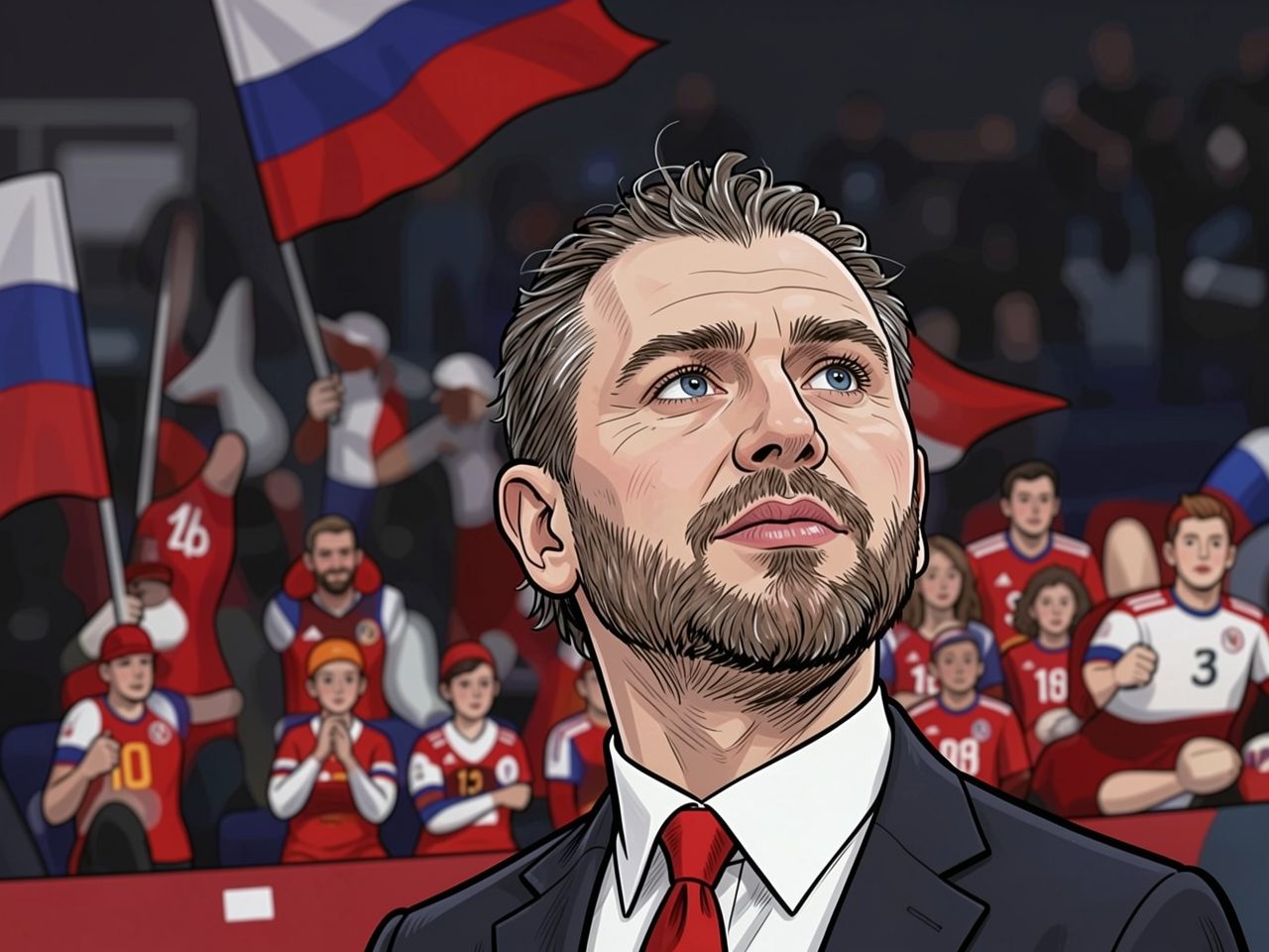 Портрет мужчины в костюме и красном галстуке на фоне трибун с российскими флагами.