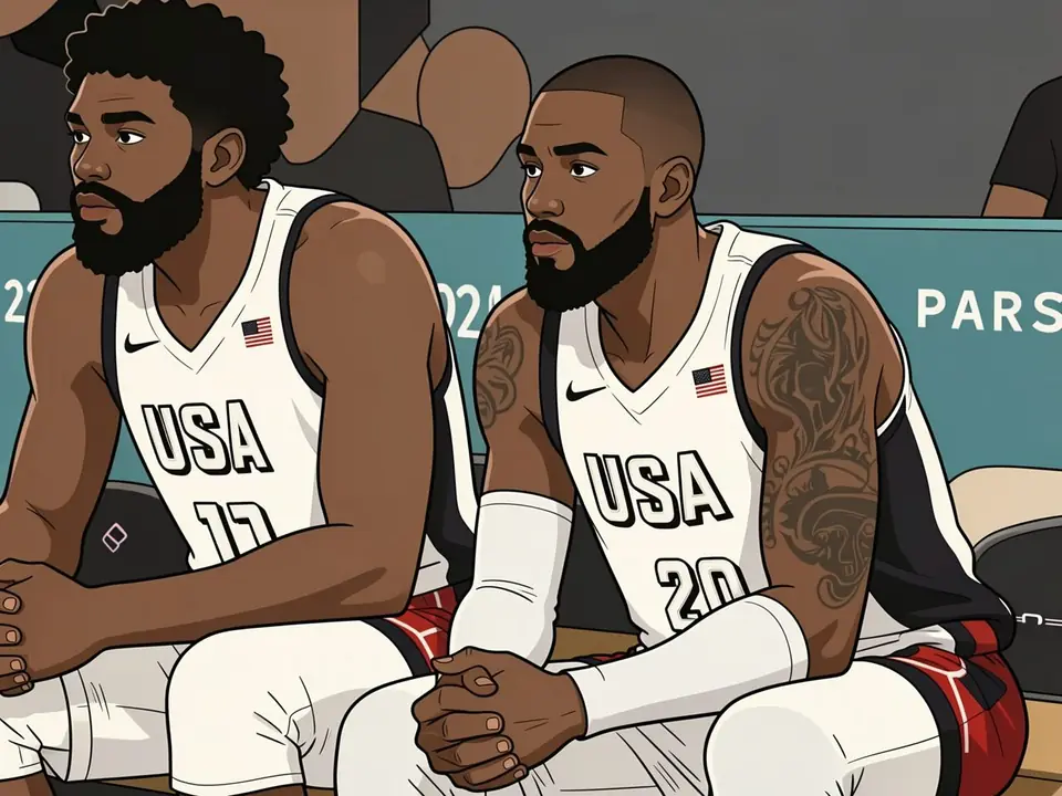 Jaylen Brown and James Harden in USA national team kit sitting on the bench in Paris