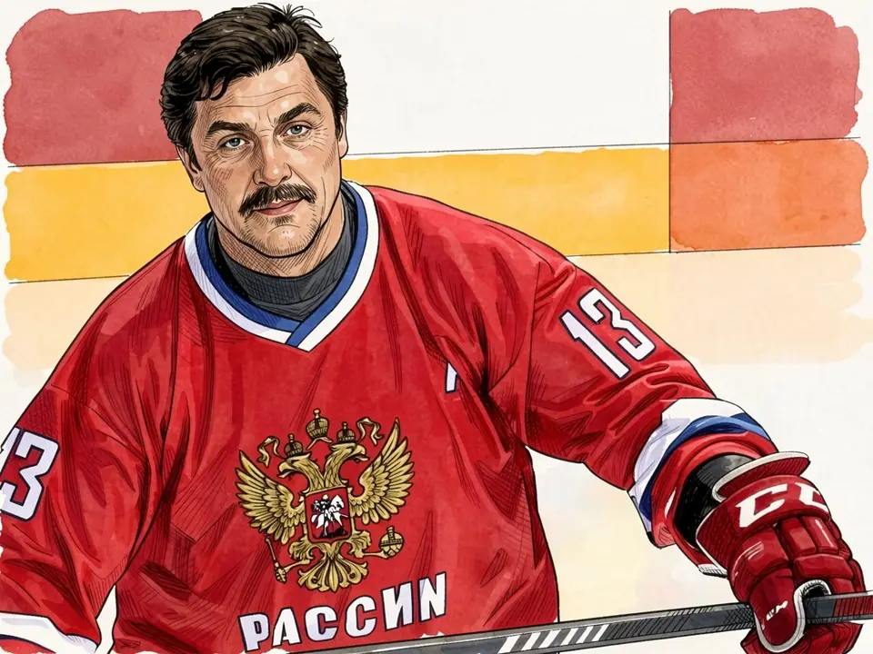Kamensky in rotem russischen Nationalteam-Trikot mit Nummer 13 hält einen Schläger