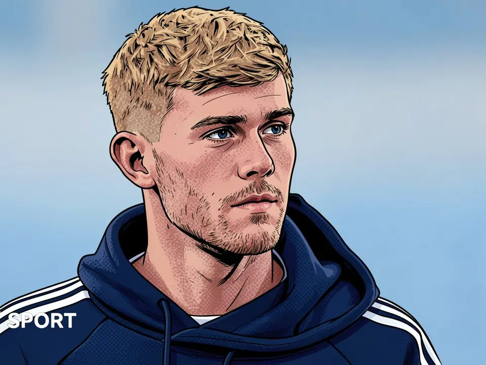 Lewis Hall in a blue training top with white stripes on the shoulders, looking away