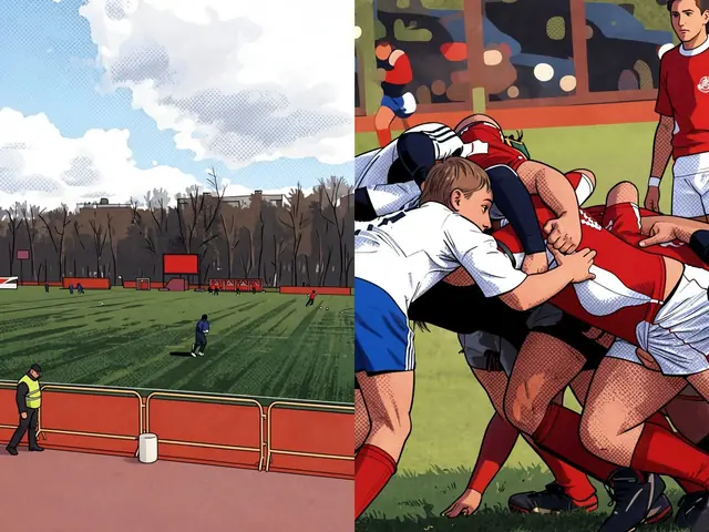 Регбисты в борьбе на поле: игроки в красных и белых футболках сражаются за мяч, на фоне — стадион и зрители