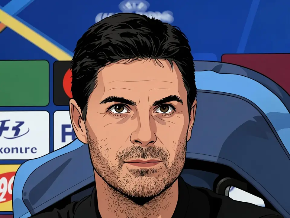 Arteta sitzt auf der Bank in schwarzer Kleidung, im Hintergrund Werbetafeln des Stadions