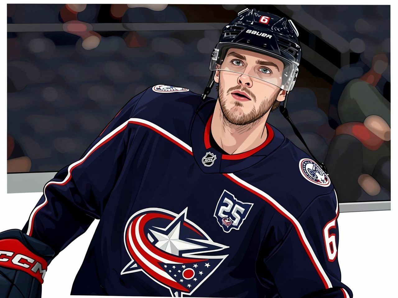 A hockey player in a blue jersey and helmet looks to the side on the ice.