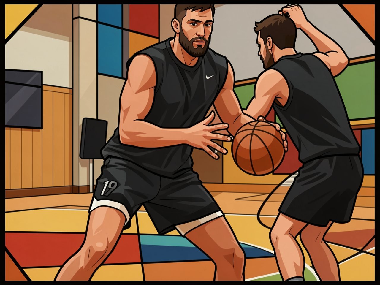 Zwei Basketballspieler in schwarzer Kleidung spielen in einer Halle, einer dribbelt.
