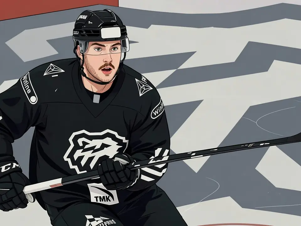 Boris Katchuk in a black Traktor jersey holding a hockey stick on ice