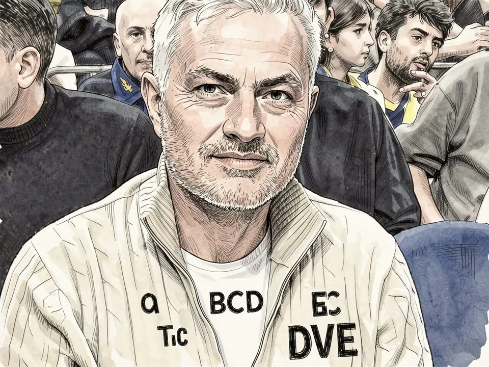 Mourinho in a light jacket sitting in the stadium stands with spectators behind him
