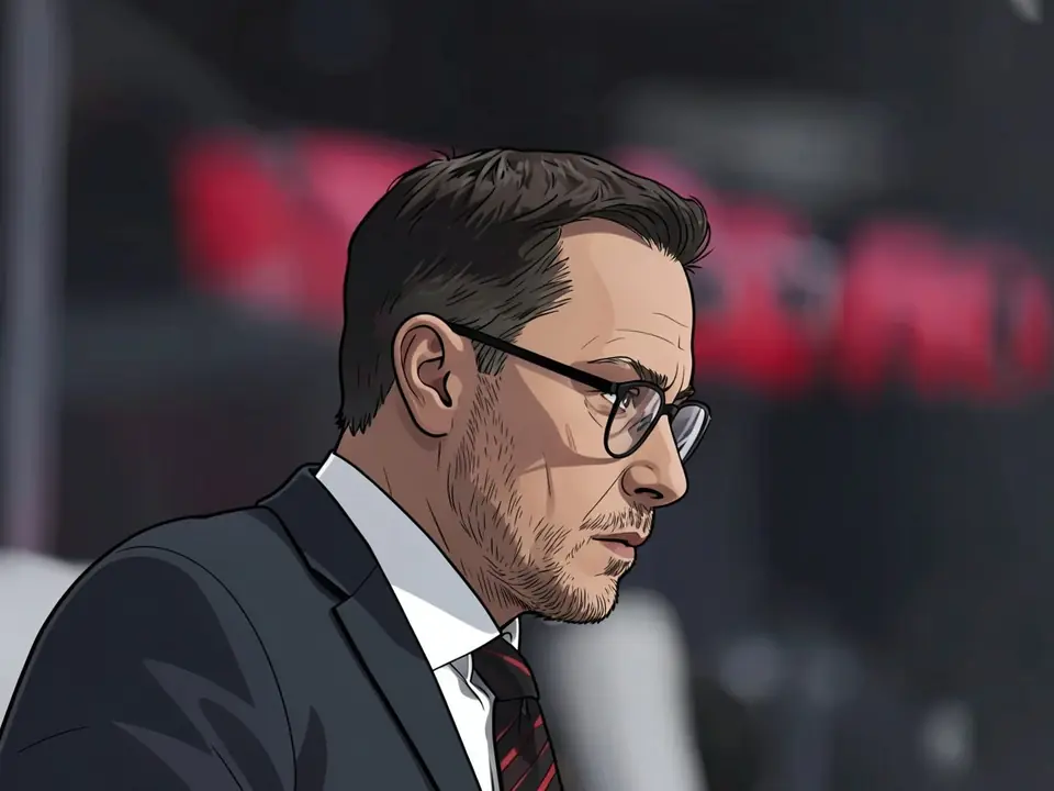 Avangard head coach Bouche in a suit and glasses on the sidelines