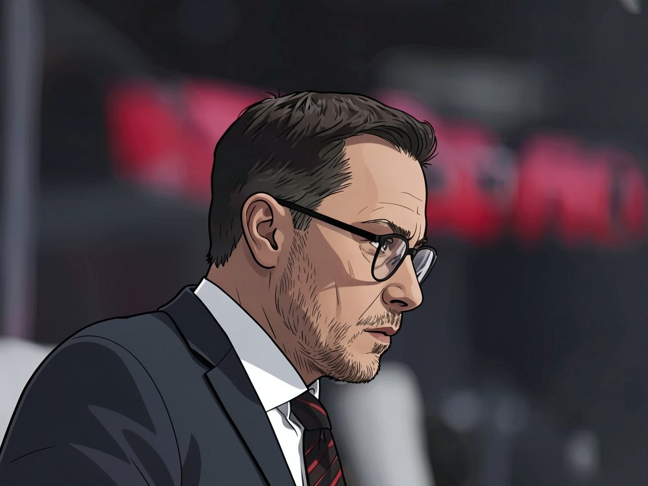 Portrait of a man in glasses and a suit in profile against an arena background