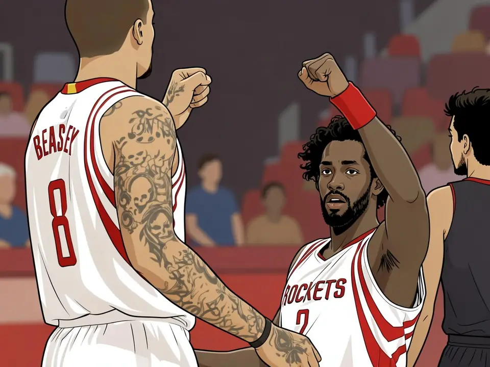 Michael Beasley im Rockets-Trikot hebt die Faust, Patrick Beverley beobachtet in Weiß und Rot
