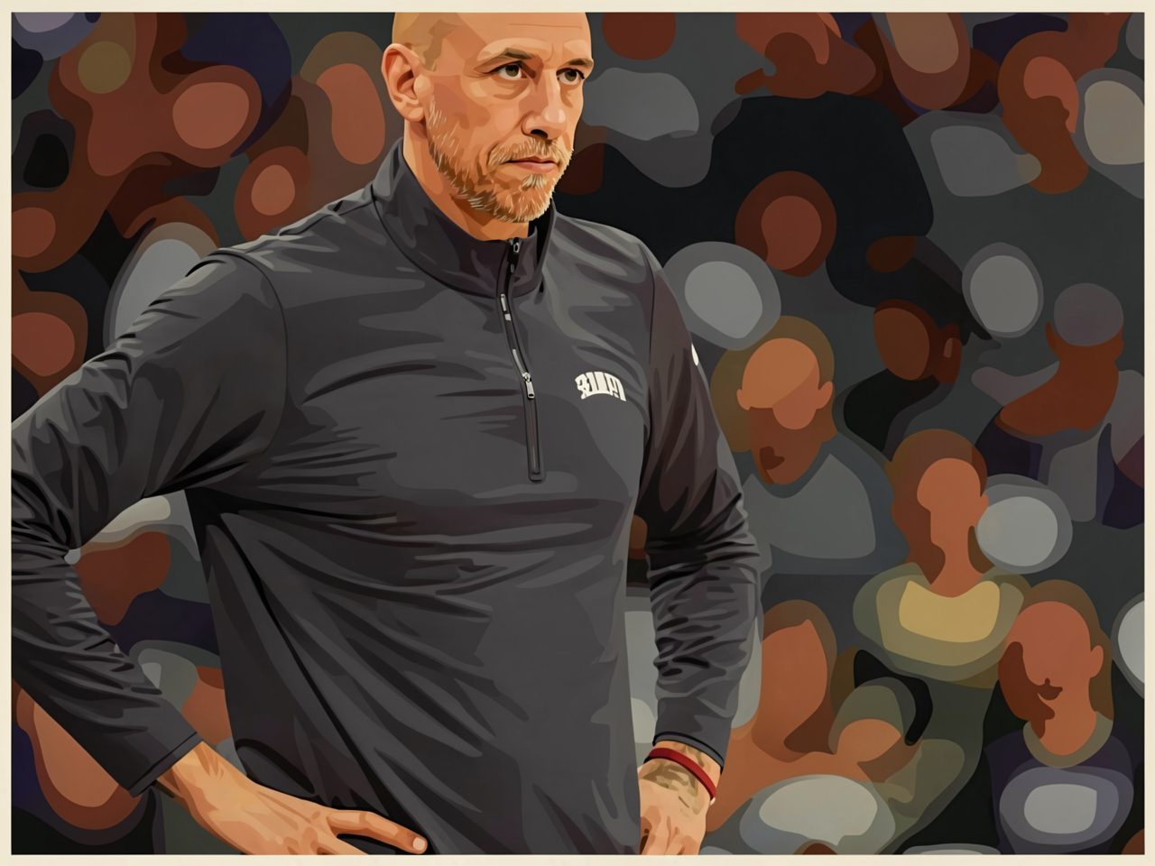 A bald man in a dark grey pullover stands with hands on hips in a stadium setting.