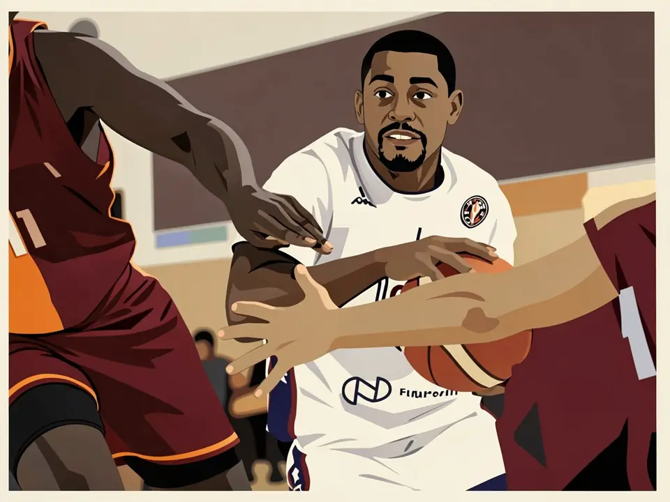 CSKA basketball player Samson Rozhentsev in white kit fights for the ball against Galatasaray players in maroon jerseys.
