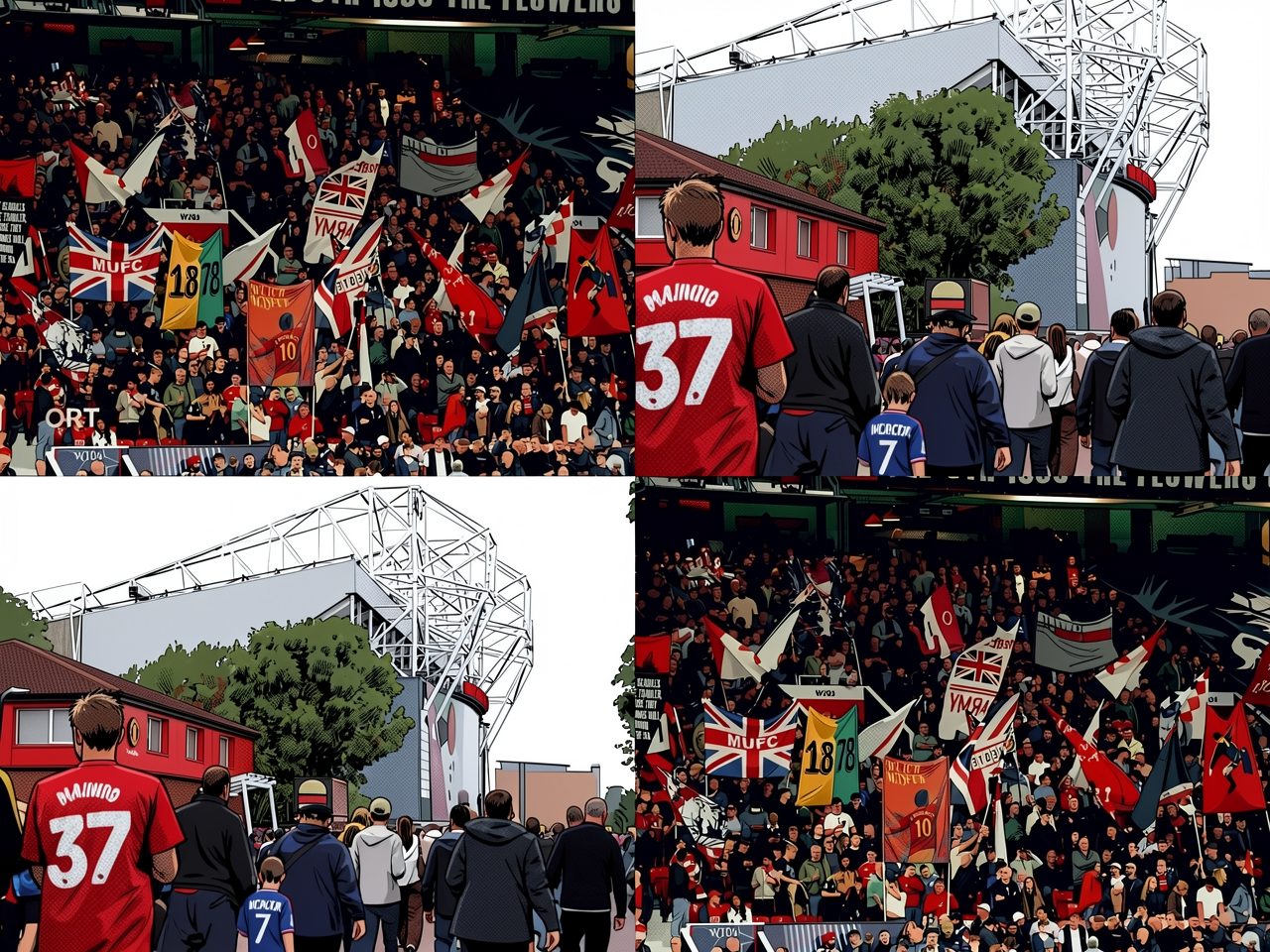 Menge von Fans mit Flaggen und Bannern auf einer Tribüne