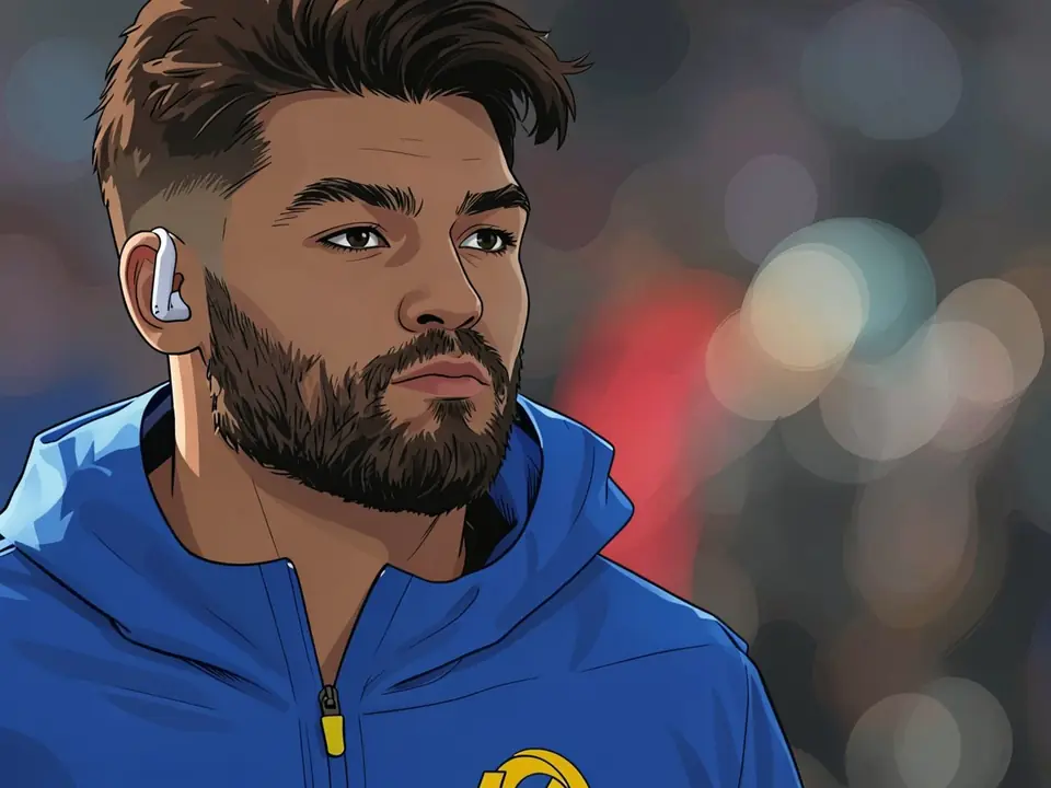 Puka Nacua in a blue jacket with yellow zipper and hearing aid, looking away