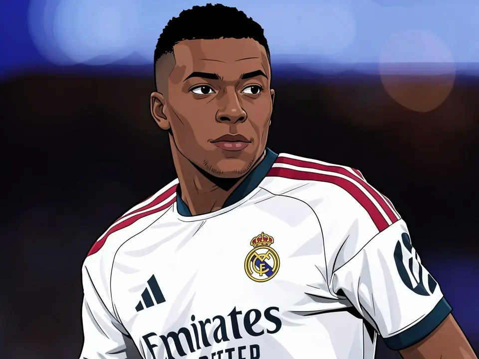 Mbappé in Real Madrid's white kit with red shoulder stripes and the club crest on the chest