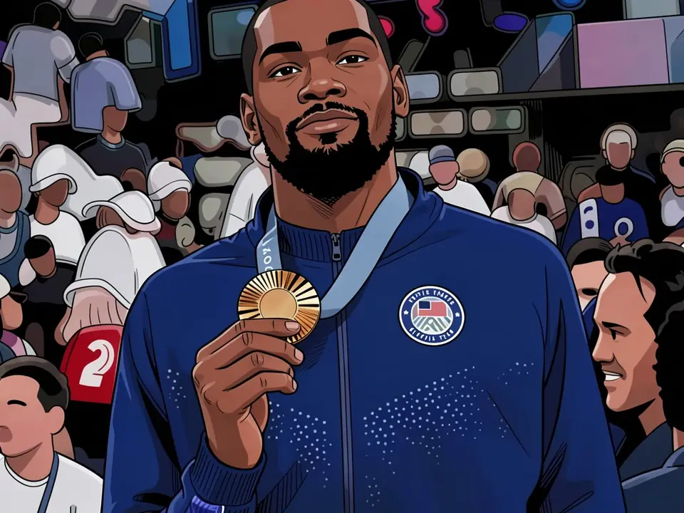 Kevin Durant in blauem Team-Jacket mit olympischer Goldmedaille, umgeben von Zuschauern