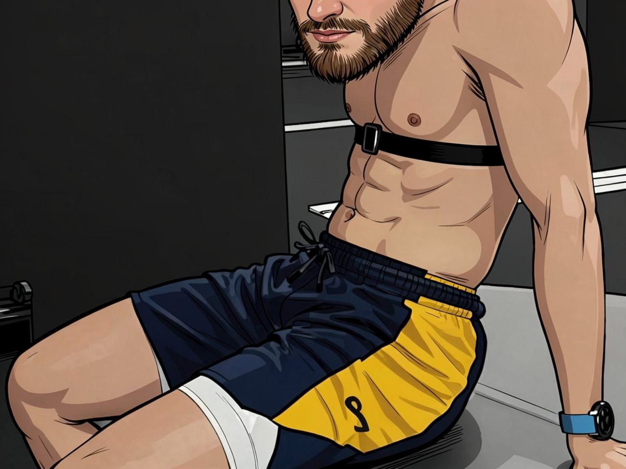 Ein Sportler mit Knieverband sitzt auf einer Bank im Fitnessstudio.