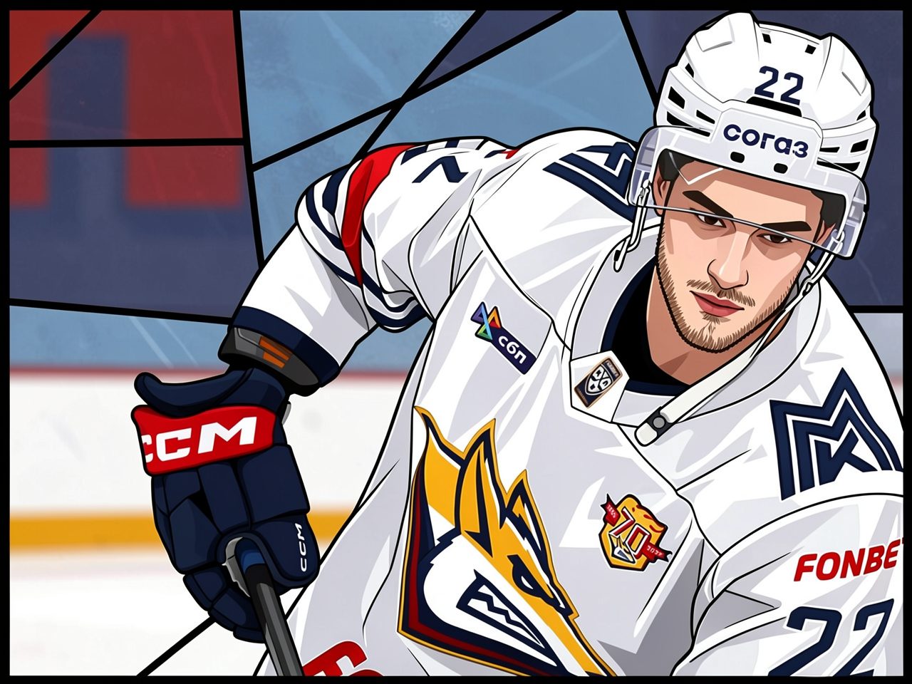 A young hockey player in a white jersey with number 22 on his helmet looks down at the ice.