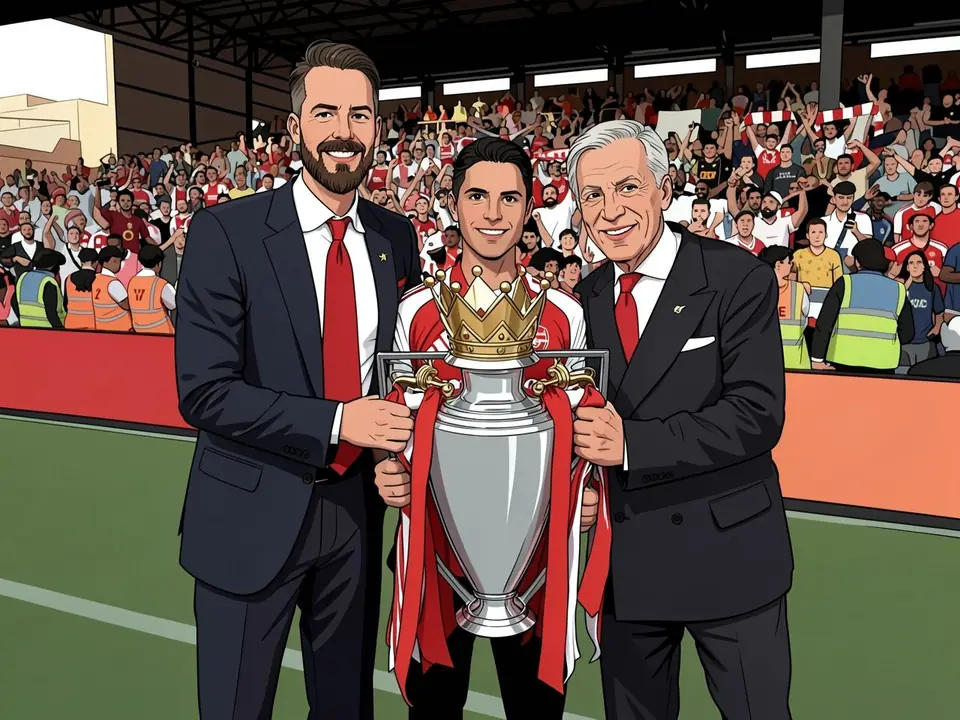 Three people hold a trophy with a crown in front of stands with fans in red and white