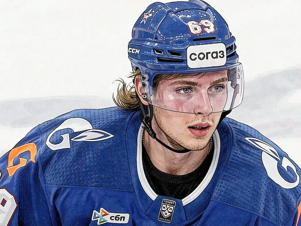 Iwan Larijonow-junior im blauen SKA-Trikot mit Nummer 69 und CCM-Helm, nach vorne blickend.