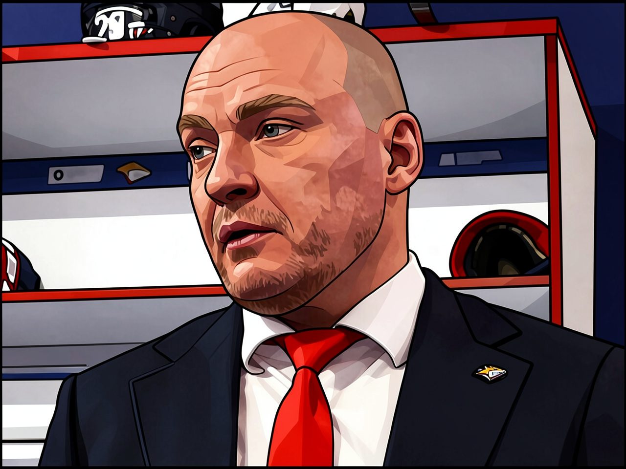 A man in a dark suit and red tie in a locker room