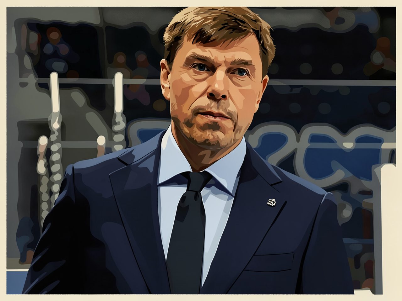 Porträt eines Trainers in blauem Anzug auf einer Eishockey-Arena