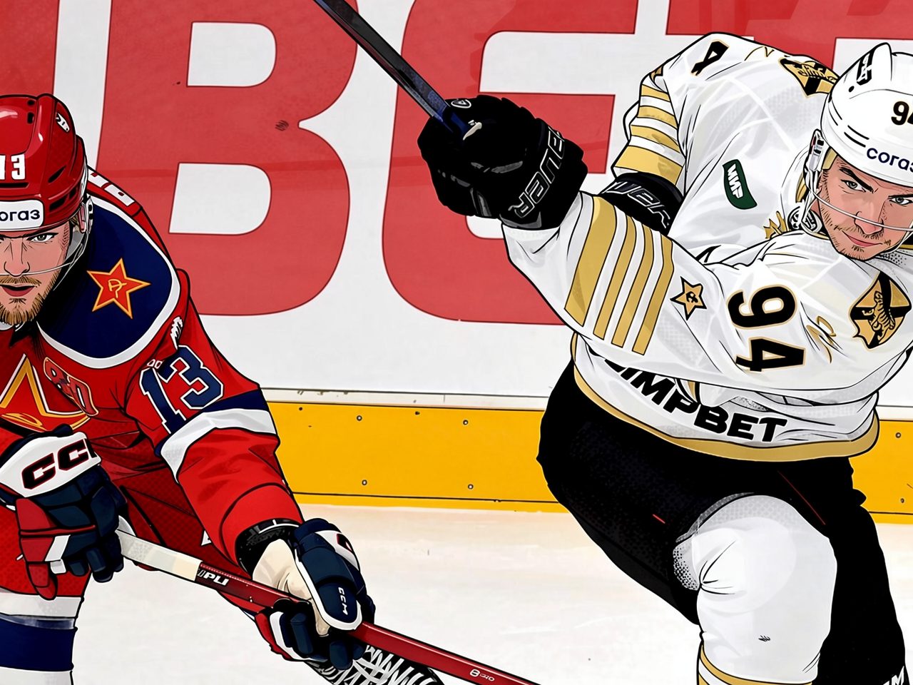 Two hockey players battle for the puck on the ice. One in red and one in white.