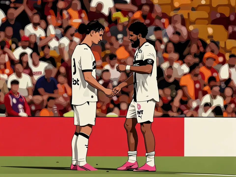 Adrien Thomasson and Marseille captain shake hands after Ligue 1 match at the stadium