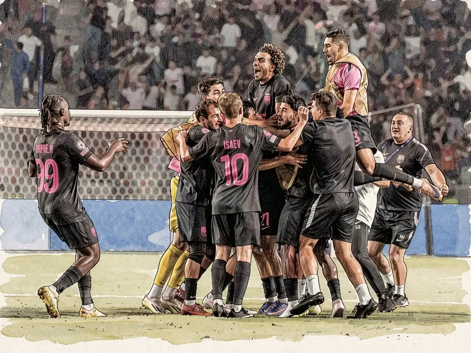 West Ham players celebrate 6-0 win over Wrexham at London Stadium. Isаev (10) and Orpie (99) in black kits with pink numbers.