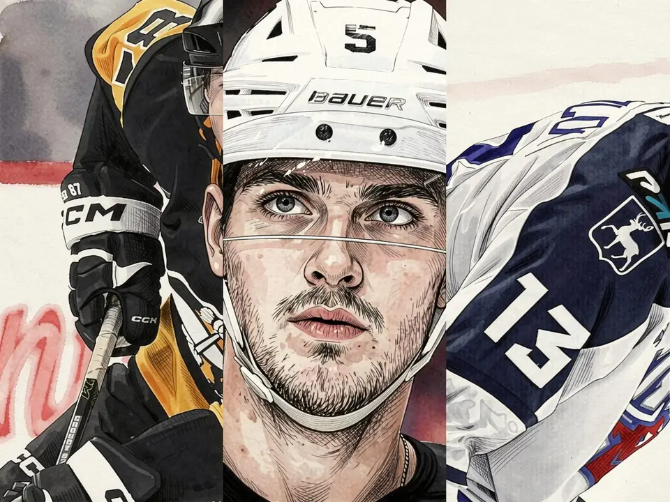 Three KHL hockey players: central player in white helmet number 5, left in black-yellow, right in blue-white with heraldic deer crest