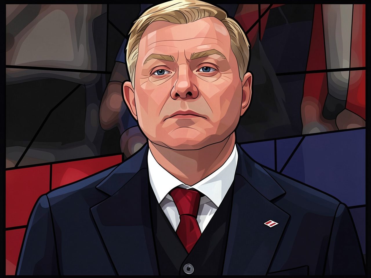 Portrait of a man in a dark suit and red tie at an indoor arena.