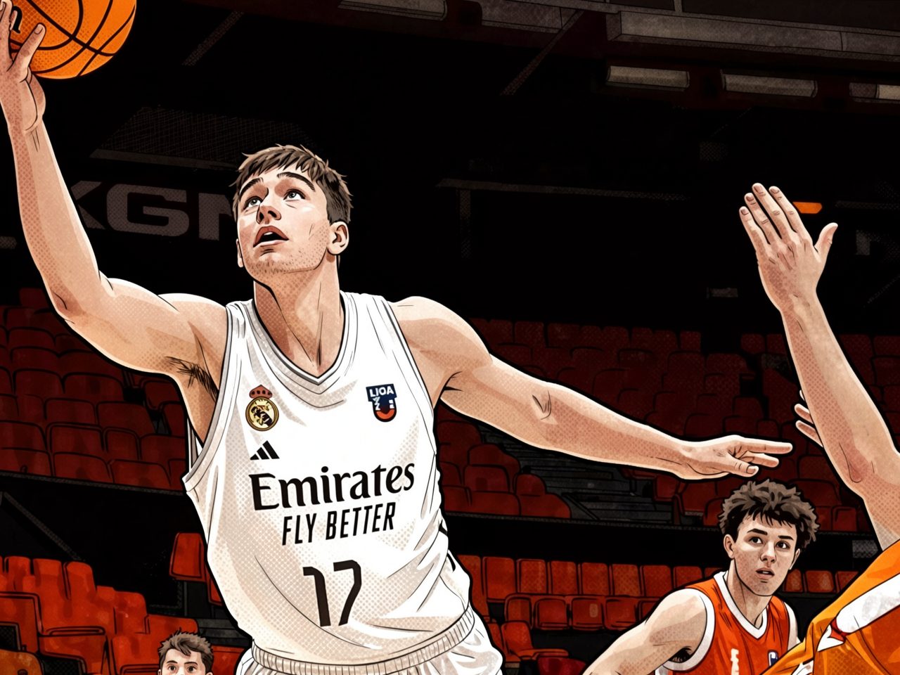 Basketball player in white jersey number 17 jumps for a shot while being defended by an opponent in orange