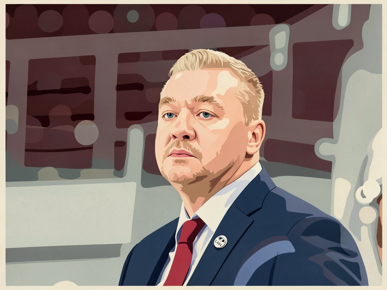 Портрет мужчины в синем костюме и красном галстуке на фоне ледовой арены.