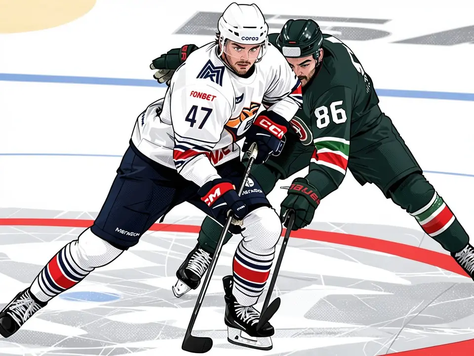 Zwei Eishockeyspieler im Kampf um den Puck: Metallurg-Spieler in weißem Trikot Nummer 47 und Ak Bars-Spieler in dunkelgrünem Trikot Nummer 86