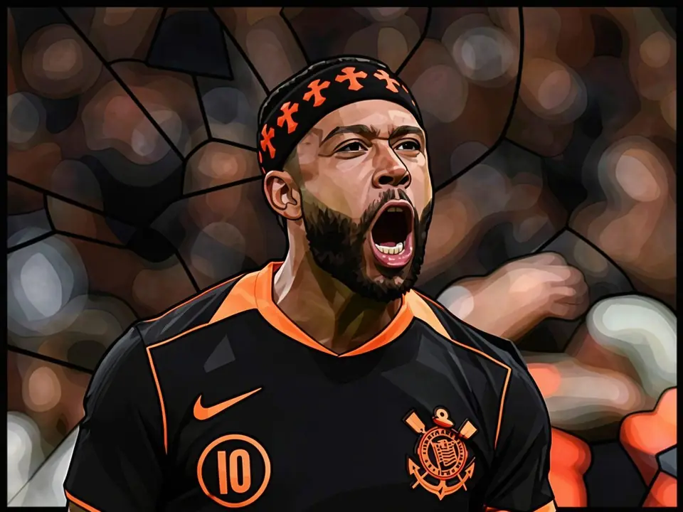 Memphis Depay in Corinthians Schwarz-Orange Trikot Nummer 10 schreit in die Tribüne