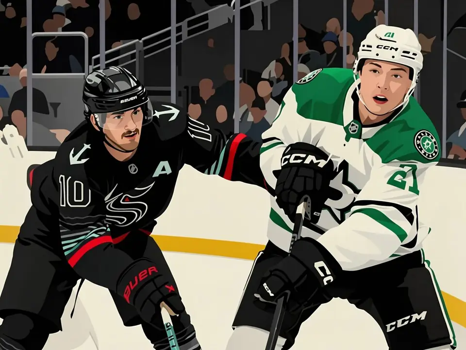 Kraken forward Beniers (10) and Dallas forward Robertson (27) battle for the puck on the ice.